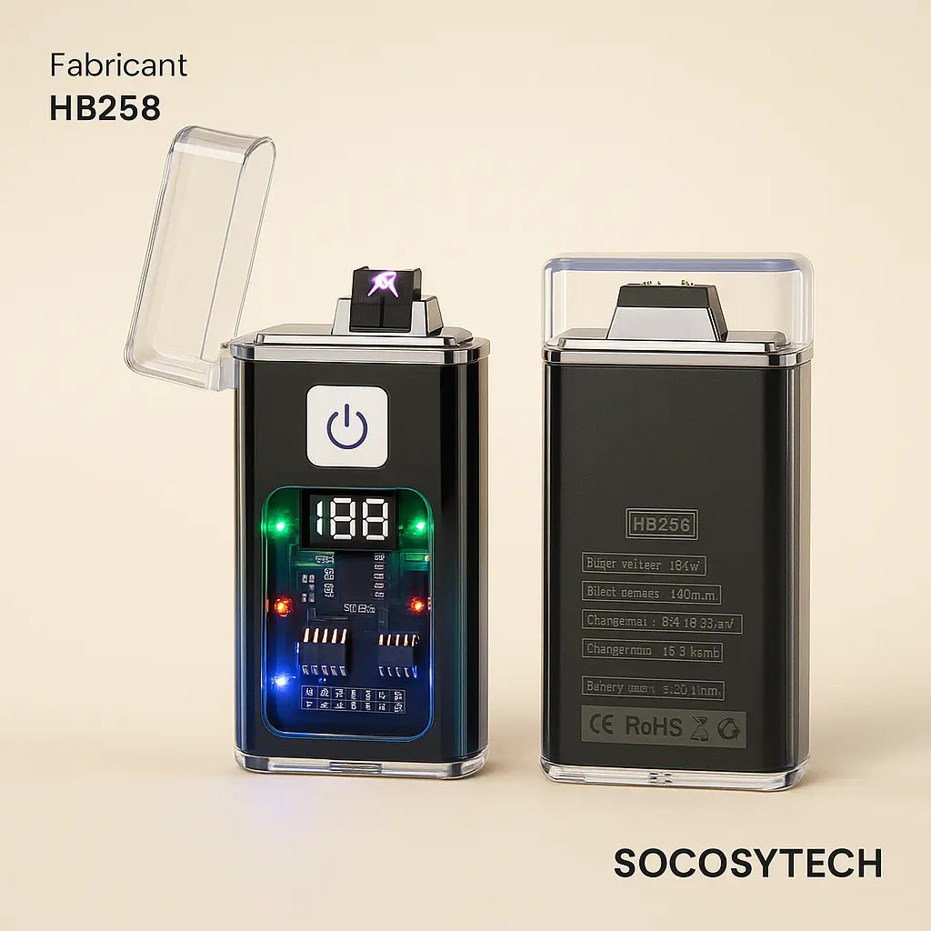 Briquet Plasma USB Arc Double – Allumage Électronique Rechargeable, Anti-Vent, Affichage LED (HB258) Socosytech
