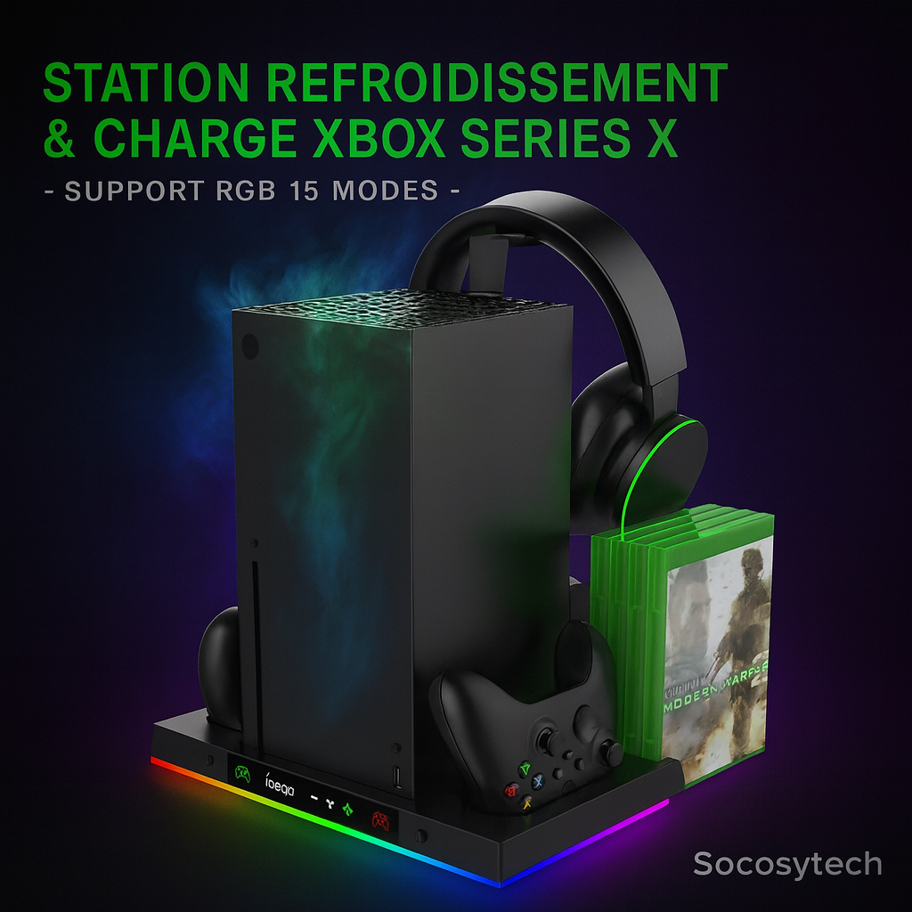 Station de Refroidissement & Charge RGB pour Xbox Series X – Support 3-Niveaux + Dock Manettes