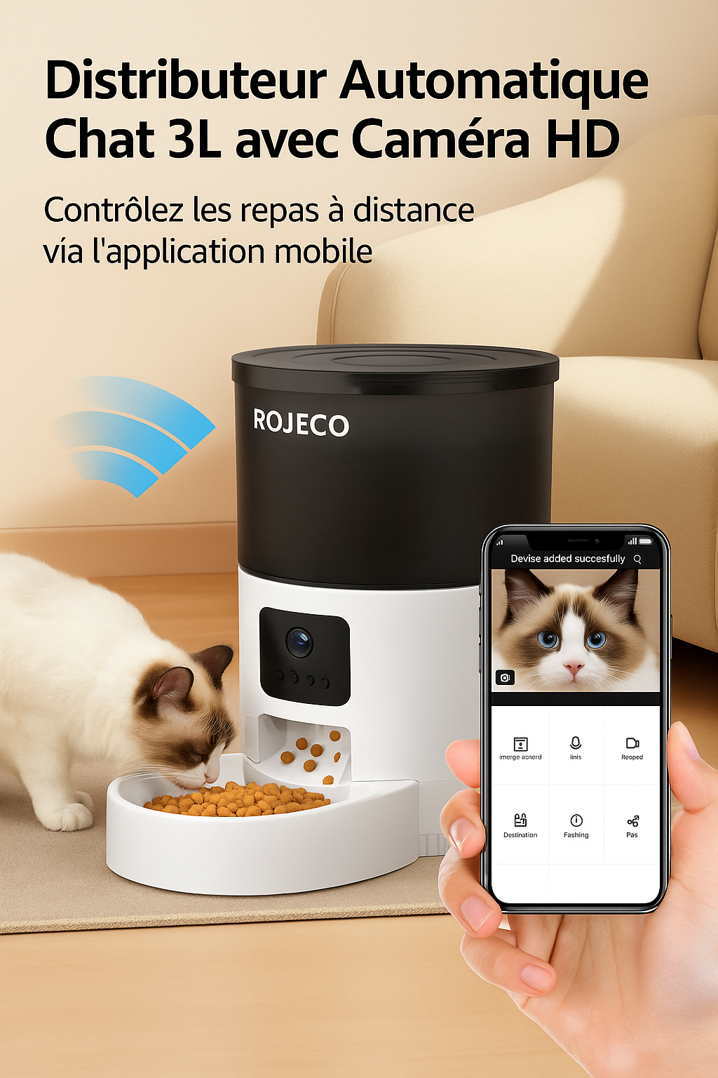 Distributeur Automatique Chat 3L ROJECO – Caméra HD & Contrôle App