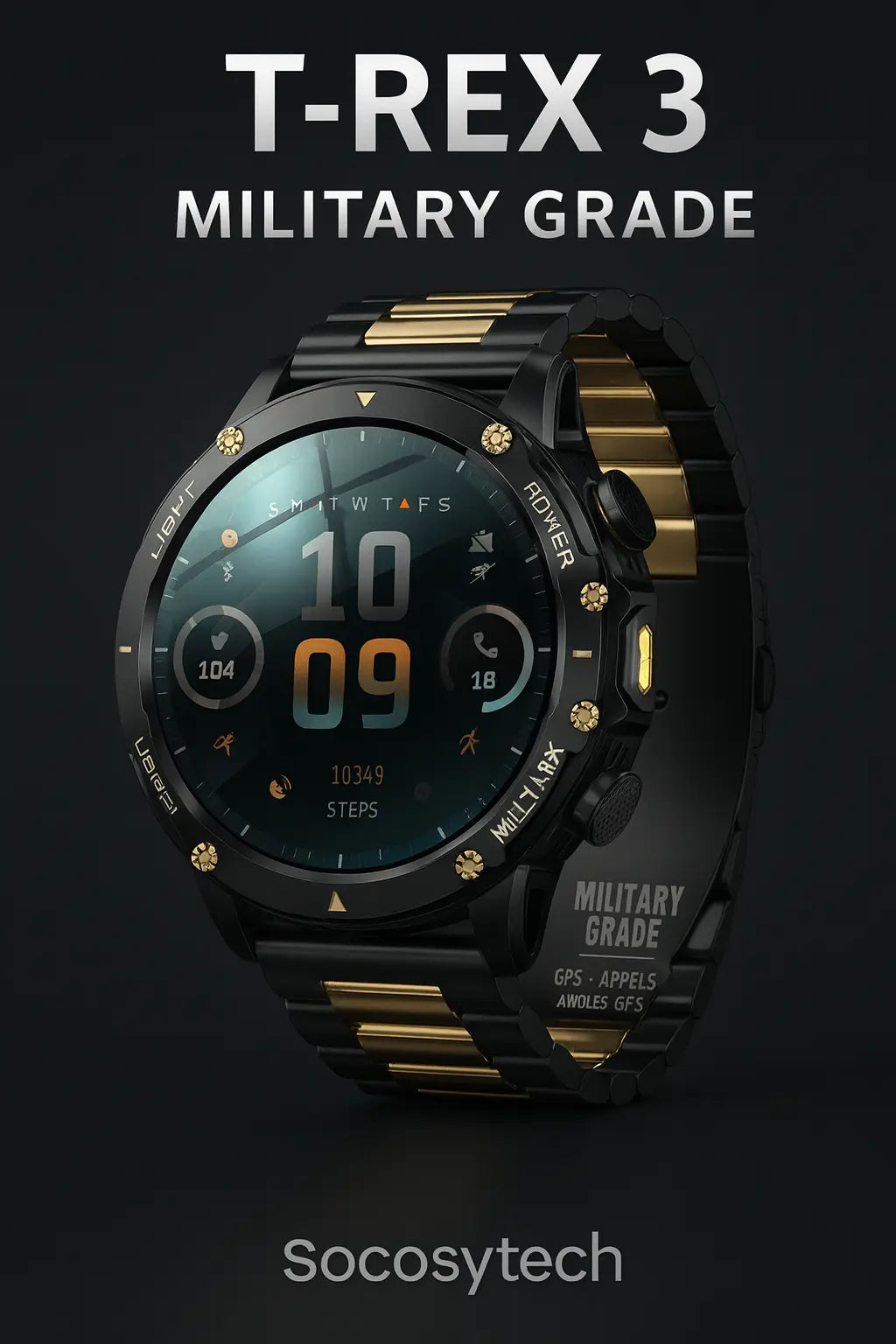 T-Rex 3 – Montre Connectée Military Grade AMOLED 1.75’’ GPS & Appels Bluetooth – 1000 mAh – IP68 - Socosytech