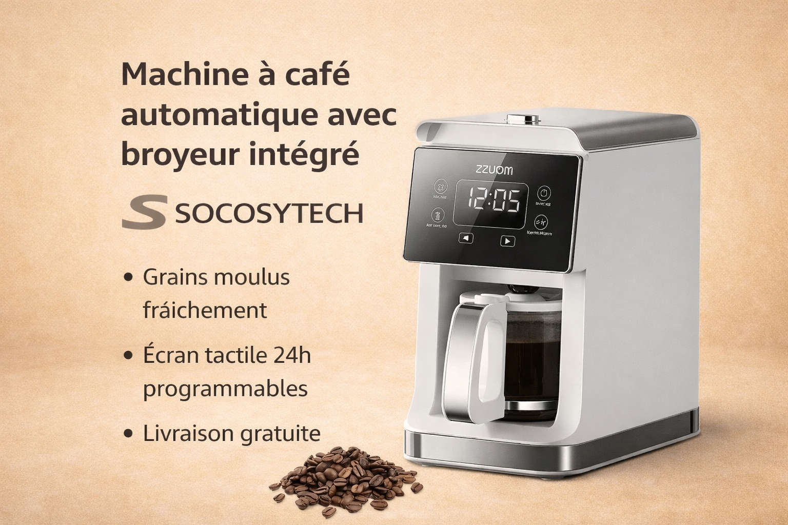 Machine à café automatique avec broyeur intégré – Écran tactile & programmation | Socosytech