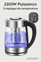 Bouilloire Électrique Aigostar 1.7L–Verre Borosilicate, Infuseur Thé, 5 Températures, 2200W (Aigostar) Socosytech