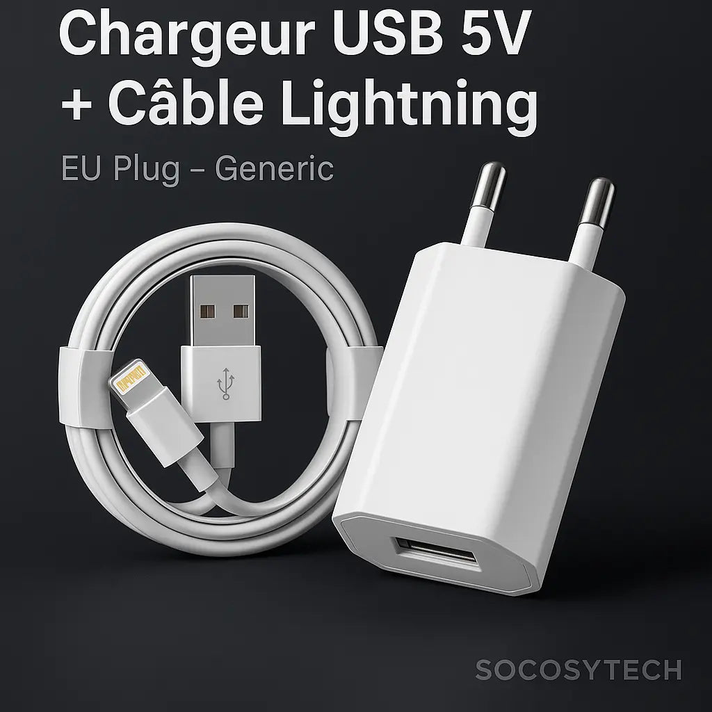 Chargeur USB 5V + Câble Lightning – EU Plug – Generic - Socosytech
