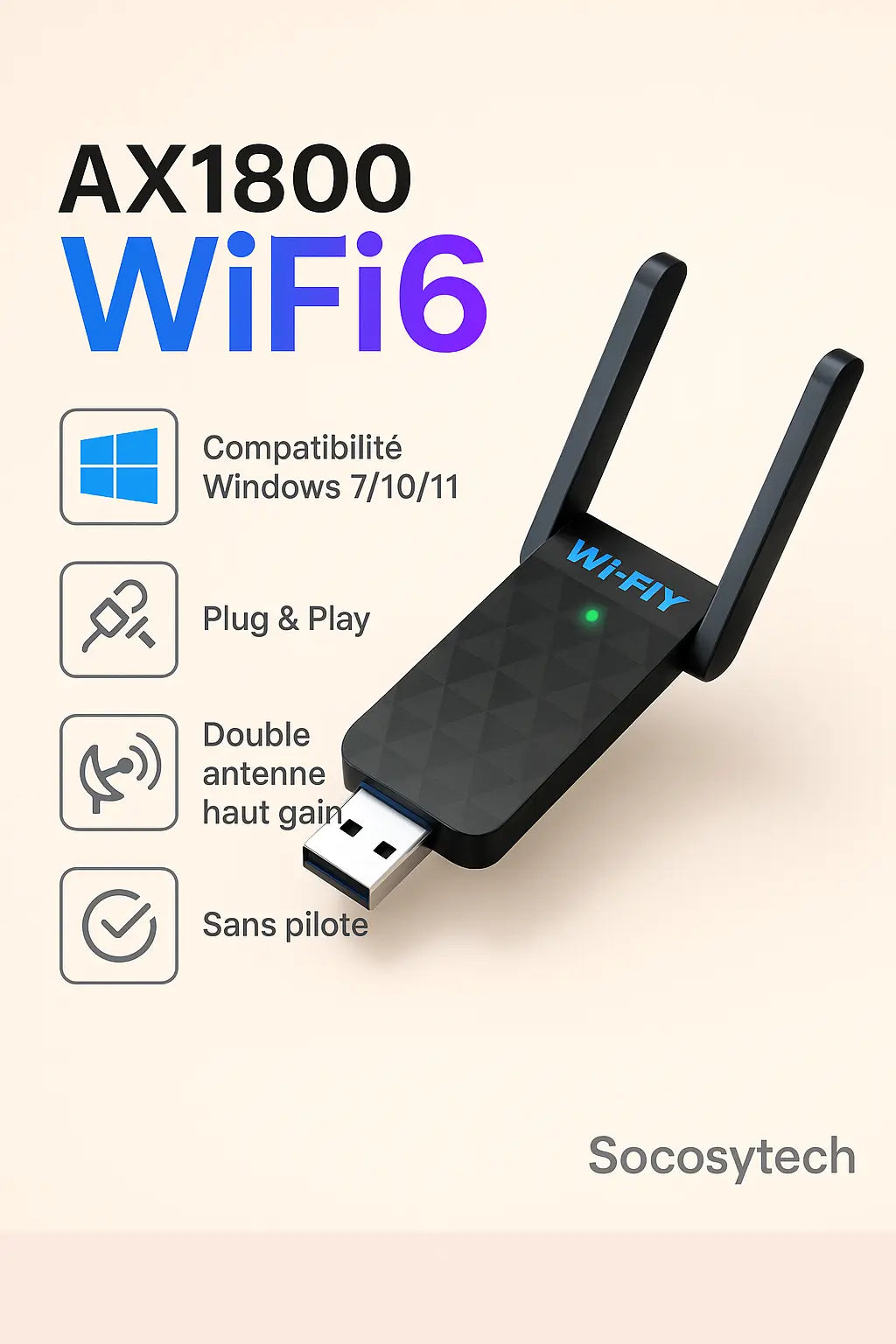 Adaptateur WiFi 6 AX1800 USB 3.0 – Double Bande 2.4/5 GHz (WIFI FIY) - Socosytech