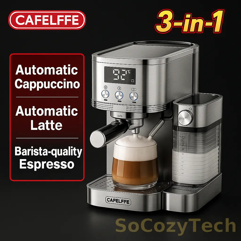 Machine à Café 3-en-1 Cafelffe – Espresso, Cappuccino & Latte – 20 Bars, 1350W, Inox Socosytech