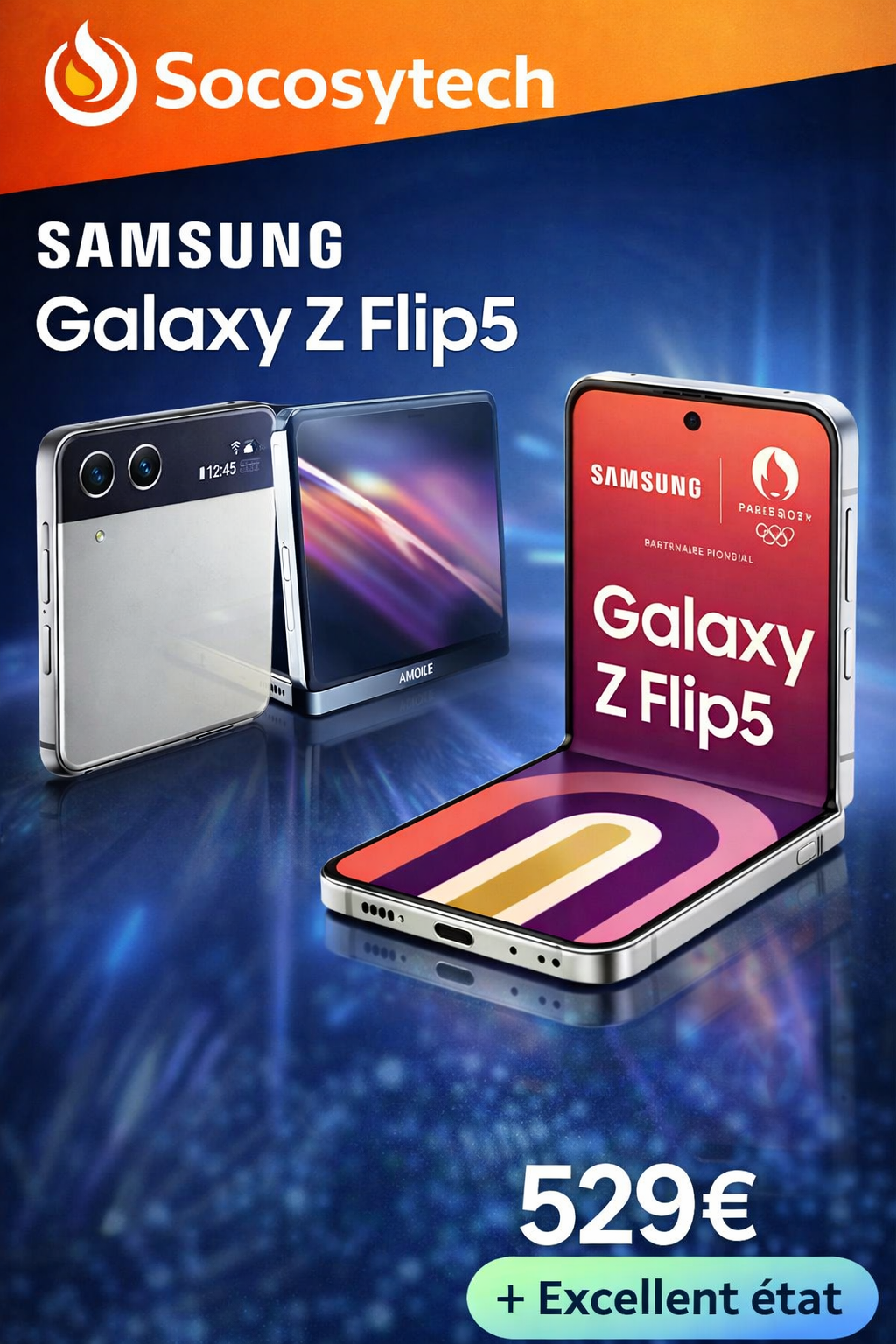 Samsung Galaxy Z Flip 5 Reconditionné excellent/comme neuf – 5G, 8Go RAM, 256Go / 512Go – Écran Pliable AMOLED 120Hz