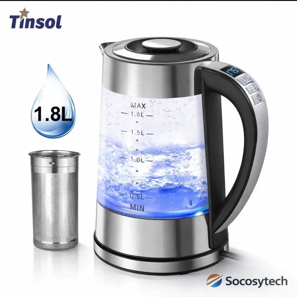 Bouilloire Électrique 1,8 L Verre & Acier Inox – Arrêt Automatique 1800W | Tinsol Socosytech