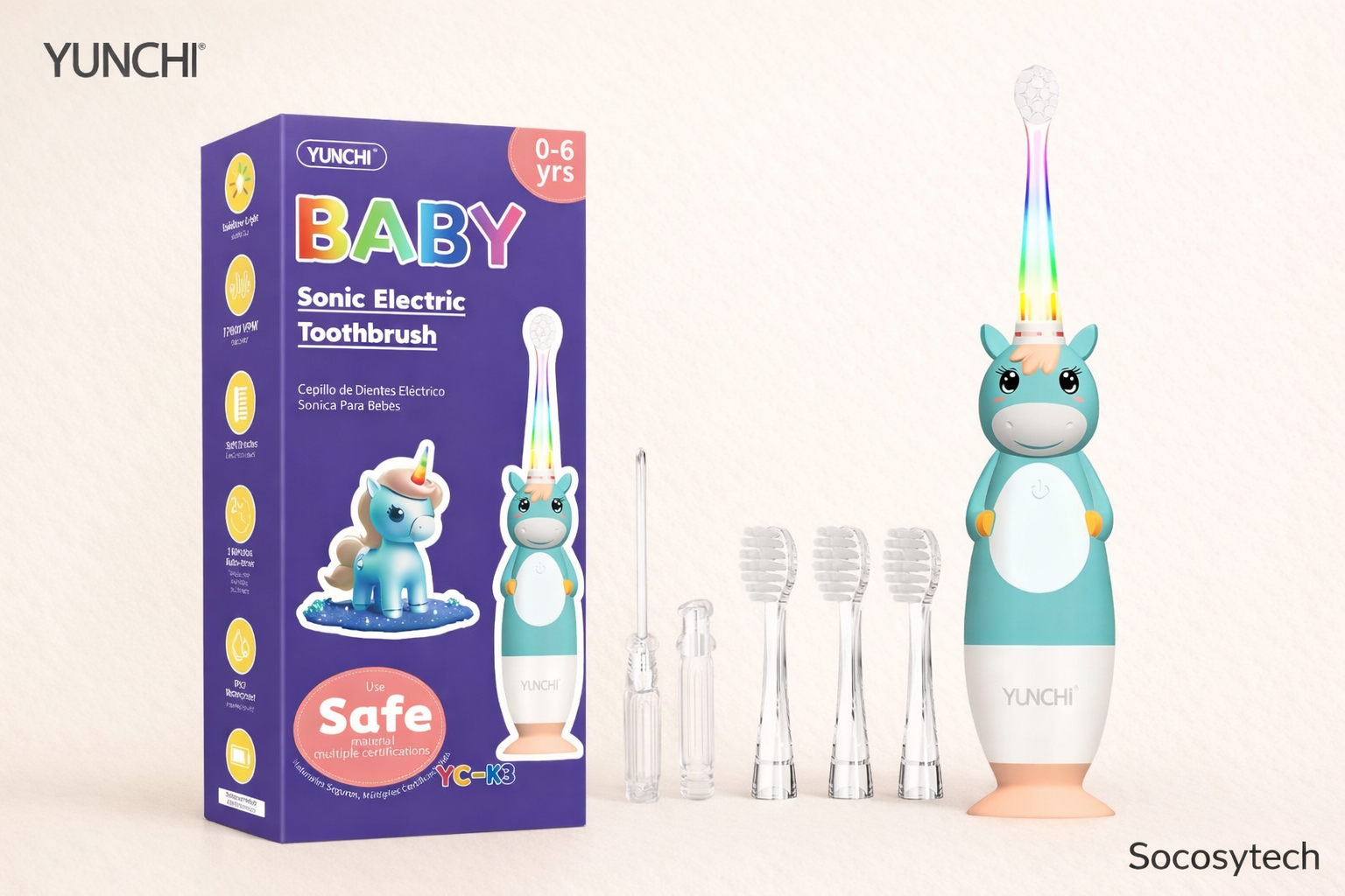 Brosse à Dents Électrique Enfant Licorne LED – Douce & Ludique (pack 4 ou 9 Têtes)