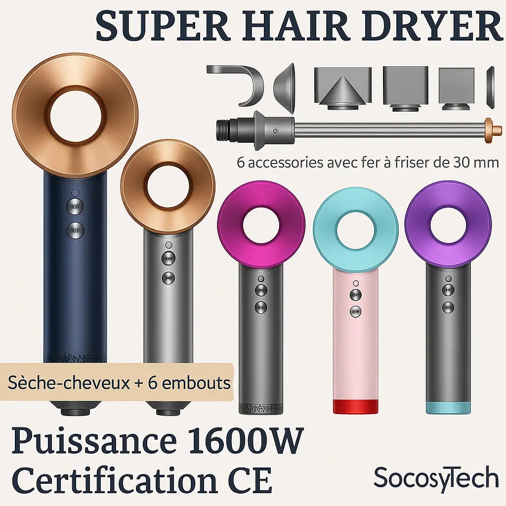 Sèche-Cheveux Professionnel Ions Négatifs 1600W – Multi-Embouts | SenCiciMen Socosytech