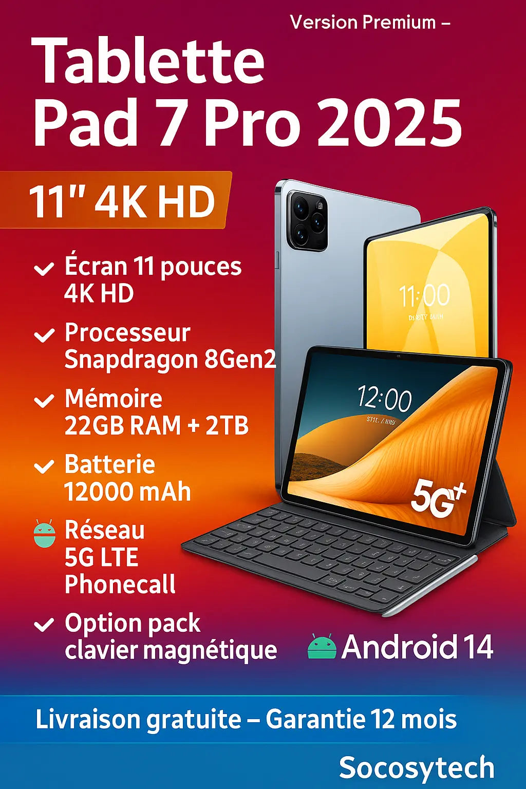 Tablette Pad 7 Pro 2025–11" 4K • Snapdragon 8 Gen 2 • 22 Go de RAM + 2 To • Android 14 - Socosytech