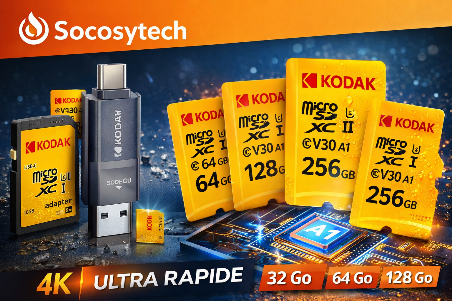 Carte Micro SD Haute Vitesse U3 V30 – 32GB à 256GB + Adaptateur – Kodak