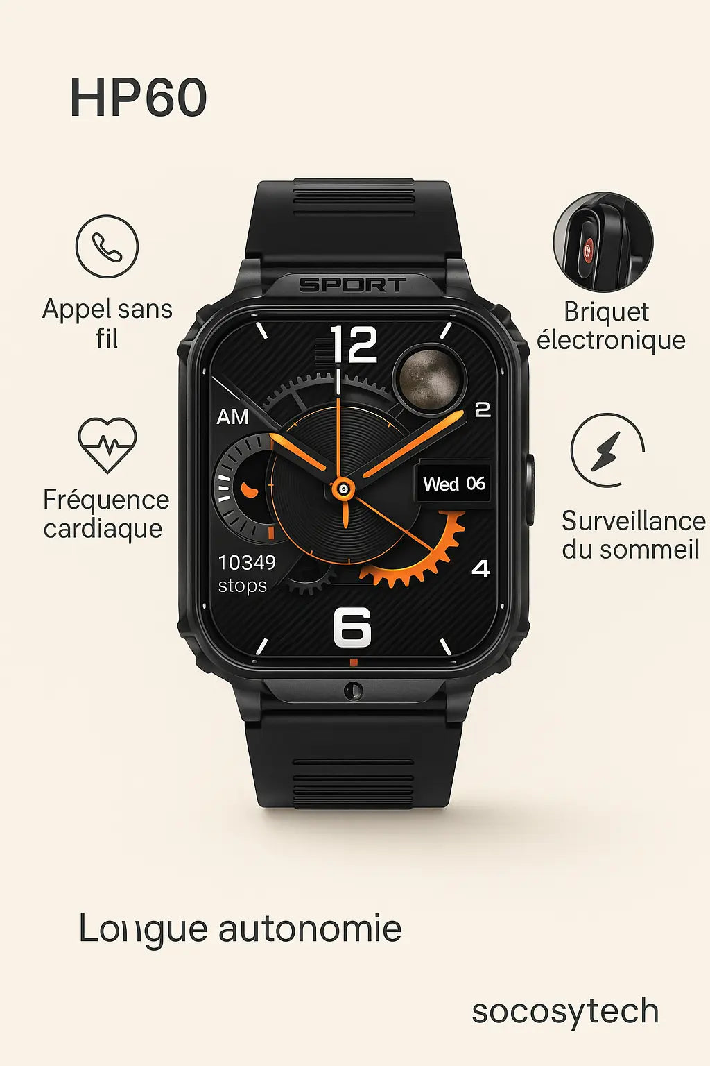 Montre Connectée LIGE P60 – Appels Bluetooth, Batterie 500 mAh, Sport & Santé – Android iOS Socosytech