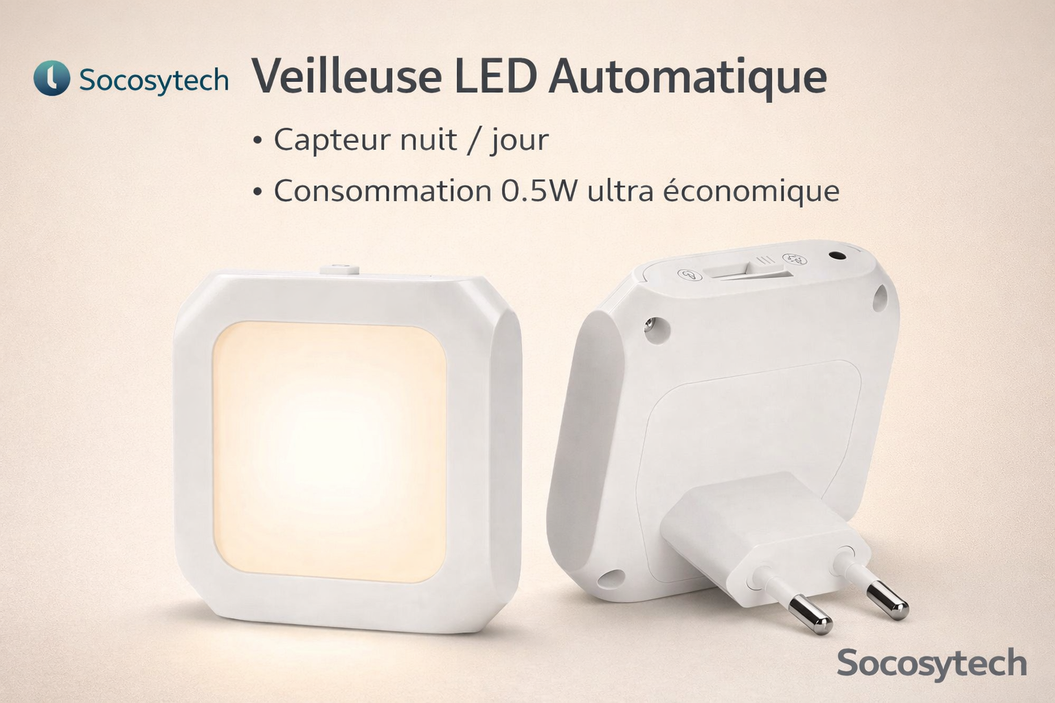 Veilleuse LED Automatique 0.5W – Capteur Nuit/Jour – Lumière Chaude | Socosytech