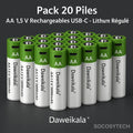 Piles AA 1.5V Rechargeables USB – Lithium Régulé – Charge Rapide (Daweikala) - Socosytech