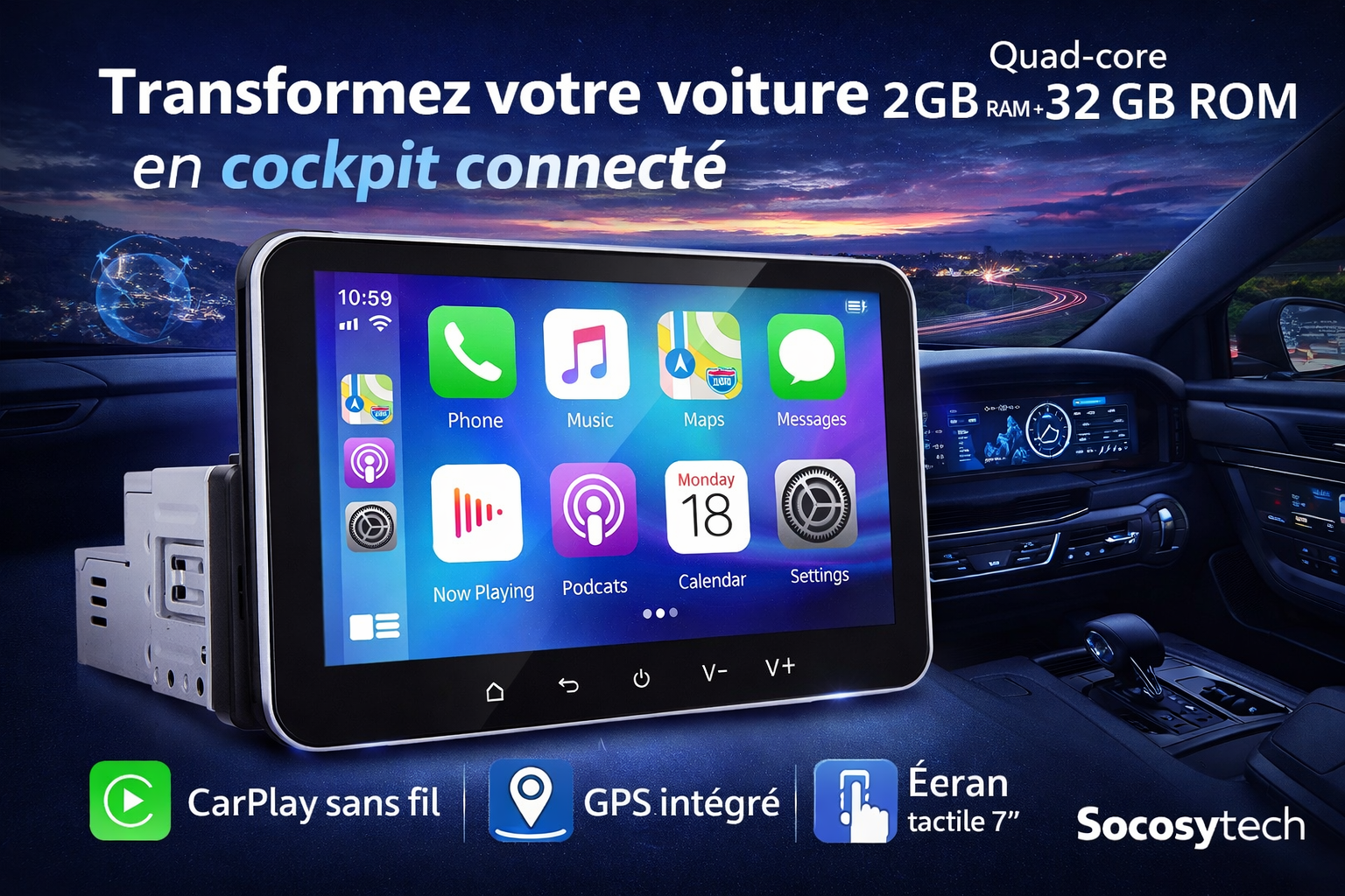 Autoradio Android 13 1 DIN 7” CarPlay Sans Fil GPS WiFi 2+32Go – Podofo